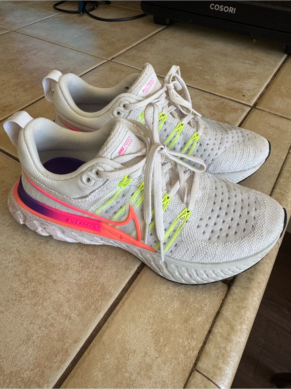 Nike Women’s Running Shoes in White with Neon Yellow and Coral Accents